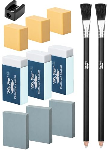 Mr. Pen - Juego de 12 gomas de borrar artísticas, kit de suministros de dibujo, lápices de goma de borrar de doble extremo con cepillo de limpieza, amasado, borradores suaves y duros, sacapuntas para