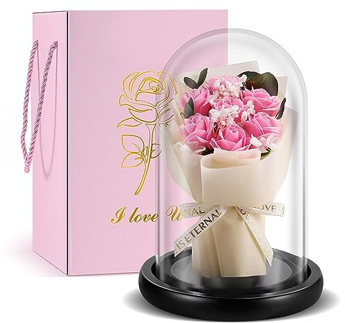 Regalo Para Mujer， Ramo De Rosas Rojas Con CúPula De Cristal, Regalo De Rosas Atemporal, Para Pareja, Navidad, San ValentíN, DíA De La Madre, DecoracióN De Interiores.