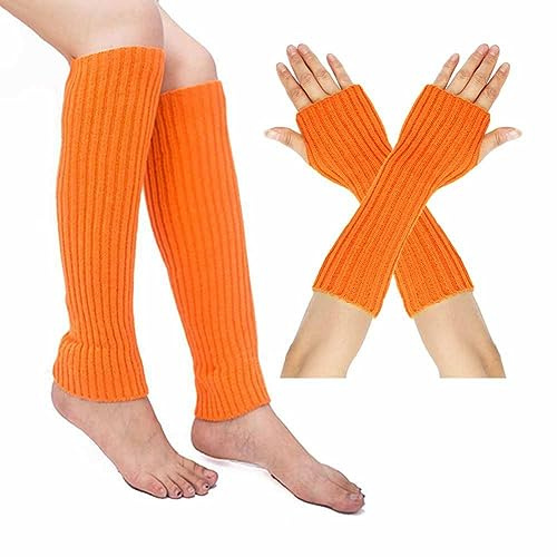 SHTGOI Beinstulpen und Pulswärmer Set Baumwolle Strick Beinwärmer Fingerlose Handschuhe Winter Arm Handwärmer Legwarmer Bein und Arm Stulpen für Yoga-Tanzen Turnhalle Ausübt Halten Warm Orange