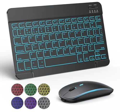 TECURS Bluetooth Keyboard and Mouse Set - Quiet Rechargeable Wireless Keyboard and Mouse Combo with 7-Color Backlit Compatible with Windows/Android/iOS, Ultra-Slim, QWERTY UK Layout, Black