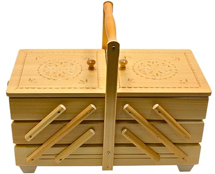 Dekohelden24 Hochwertiger Nähkasten, Nähkästchen aus Furnierholz mit 7 Fächern in Natur, L/B/H 42 x 20 x 21 cm