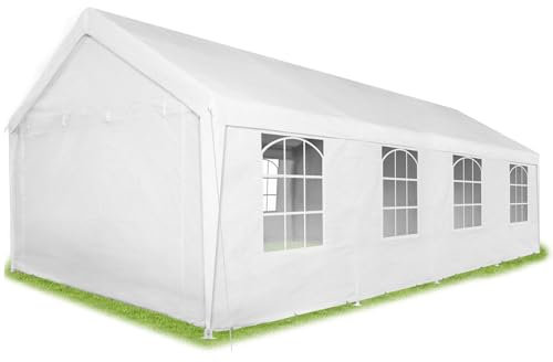 tectake® Tendone 8 x 4 m, Sistema ad Incastro, Gazebo per Feste, Gazebo per Esterno, Telaio in Acciaio, Telone Impermeabile e Resistente agli UV, Include Accessori di Fissaggio - Bianco