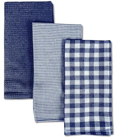TIENDA EURASIA – Juego de 3 Paños de Cocina, Diseño Liso, de Cuadros y Rayas, Distintos Colores, 50x50x1,5 cm, Multiusos, 100% Algodón, Suave, Resistente y Absorbente (Azul)