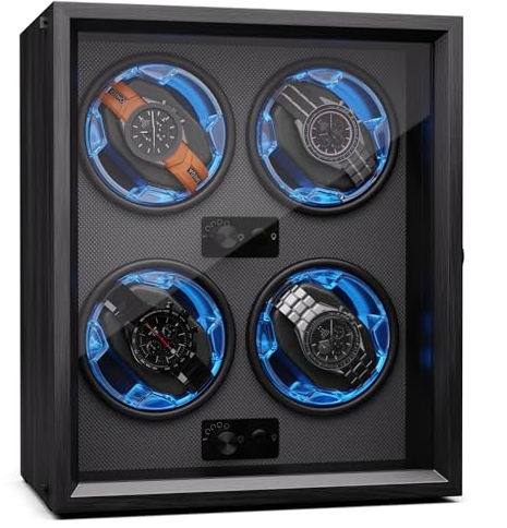 KLARSTEIN - Caricatore per Orologi Automatici, per 4 Orologi, con sportello in Acrilico, Carica Orologi Automatico, LED Blu, Watch Winder con 4 impostazioni TPD