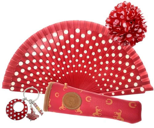 Planta Color Abanico de Lunares Pintados a Mano con Funda Artesanal. Incluye Pinza para el Pelo y Llavero Estilo Flamenco (Mosaicos Rojos FR)