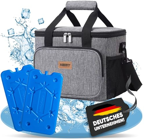 NEMT 15L Faltbare Kühltasche inkl. 2X Kühlakku [Picknicktasche Thermotasche Lunchtasche Tasche Isoliertasche für Lebensmitteltransport Mittagessen Auto Urlaub und Mini Kühlbox Einkauf (grau)]
