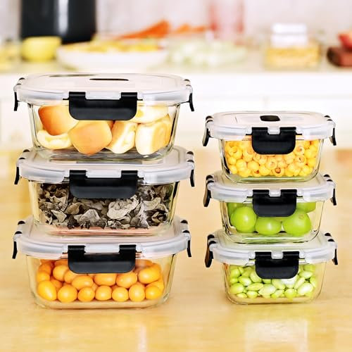 ERUIV Boîte de rangement cuisine, boîtes de conservation, boîtes à provisions en verre avec couvercle, compatible lave-vaisselle, micro-ondes & congélateur - anti-fuite, sans BPA, 6 pièces