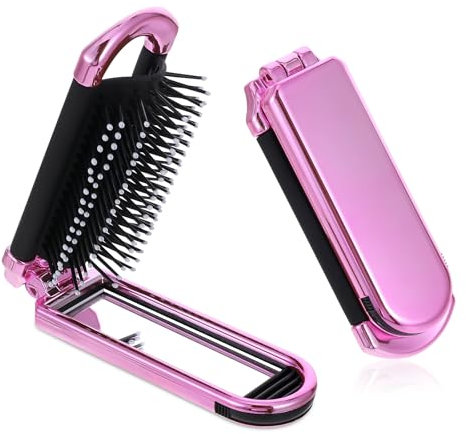 Mini-Reise-Haarbürste, kleine faltbare Haarbürste, kompakte Haarbürste mit Spiege Nylonborsten für Frauen und Männer, tragbarer Kamm im Taschenformat fürs Auto, Sporttasche, Handtasche (Galvanik-Rosa)