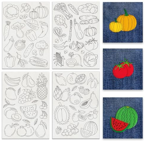BENECREAT 4 fogli da 69 pezzi, motivi di ricamo solubili in acqua, frutta e verdura, 29,7 x 21 cm, stabilizzatore di carta da ricamo per amanti del cucito a mano principianti