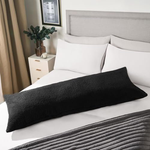 OHS Teddy Bolster Pillow, Soft, Long Pillow for Relaxing Bed Living Room Sofa Comfy Cosy Fleece Bolster Pillow for Neck, Back & Maternity Support Decorative - 137cm, Black
