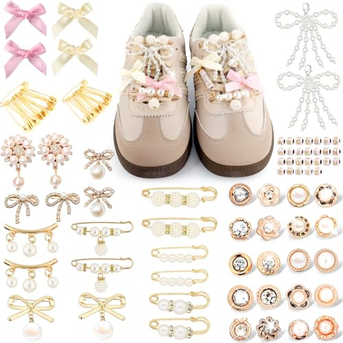 332Pcs Shoe Charms for Sneakers Gold Junk Socks Charms Kit Bulk Assorted Shoe Lace Charm Letter Beads Pearl Bow Brooch and Pins for Women Safety Pin Accessories Button for Sock Shoes Clothes Hat Scarf