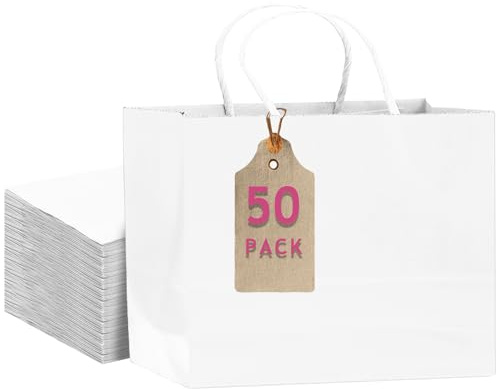 Gcardist 50 vita papperspresentpåsar med handtag, 32 x 11 x 25 cm, breda festpresentpåsar för flera användningsområden