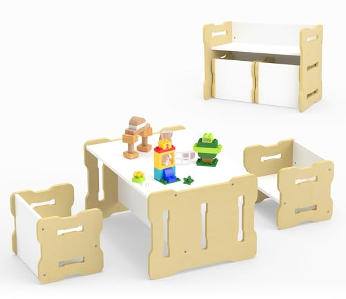 DREAMADE Table Enfant avec 2 Chaises, Banc Convertible & Bureau pour Lire, Manger, Dessiner, Artisanat, Table d’Activité pour Maison, Maternelle, Crèche (Naturel)