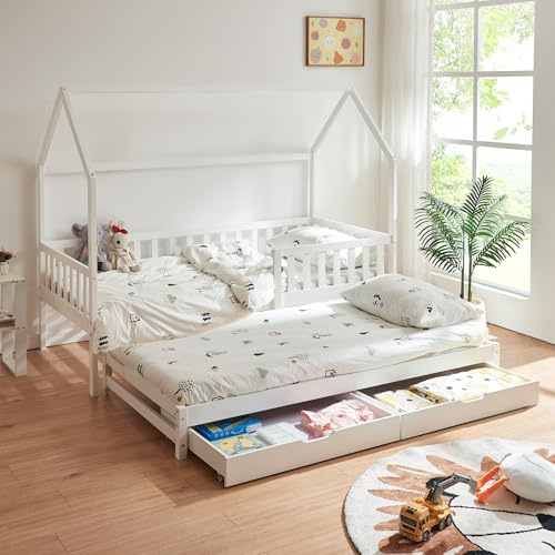 [en.casa] Kinderbett mit Ausziehbett Aarghonmaa Hausbett 90 x 200 cm Holzbett für Kinder Bettgestell inkl. Lattenrost Rausfallschutz und 2 Schubladen Kiefernholz Weiß