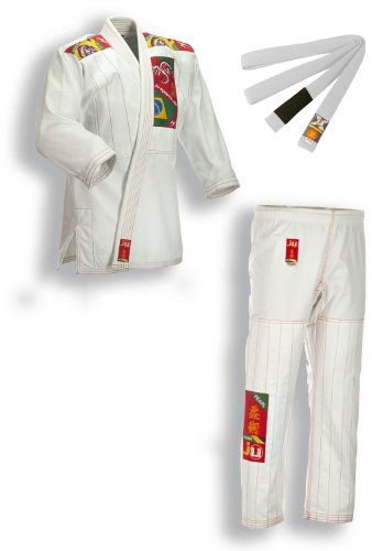 Ju-Sports BJJ Anzug Kids Weiß 140 I Leichter, schlanker Brazilian Jujutsu Anzug speziell für Kinder I BJJ Gi im bunten Design I Inkl. weißem Gurt I 100% Baumwolle