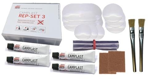 Fishingglue PVC & PU-REPARTURSET CAMPLAST Maxi + 2 Pinsel Produktbeschreibung; Flickzeug für Schlauchboot Zelt Pool Gewebe Planen Markise Isomatte Luftmatratze Vinyl PVC Polyurethan