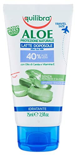 equilibra Solari, Aloe Latte Doposole Travel Size, Doposole a Base di Aloe Vera, Nutre la Pelle Disidratata dal Sole, con Olio di Carota e Vitamina E per un Colorito Dorato, Texture Setosa, 75 ml