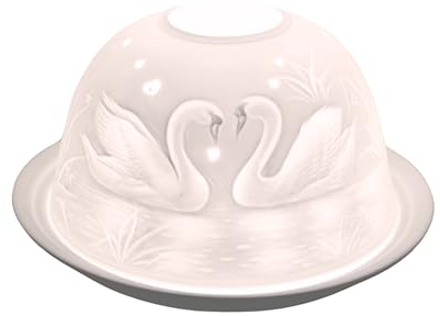 NOV8E Nordic lights Swans Living Porcelain Tea light Holder Dome Candle Holder Projecting a 3D Image Use With Scented Candle, LED Light Room Decor Lights White Color Shade & Plate Set of 2
