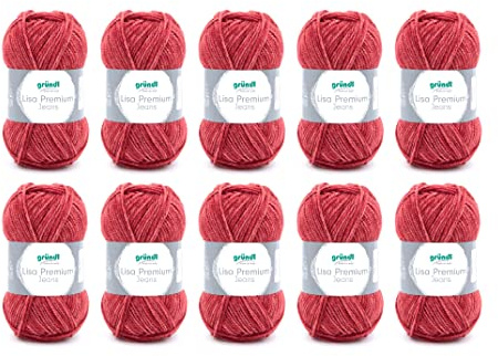 Gründl Wolle Lisa Premium Jeans, Yarn for Knitting with Colour Gradient, Knitting Yarn, Crochet Yarn, Soft and Skin-friendly, 100% Polyacrylic, 10 Balls 50 g / 133 m, Needle Size 3.5-4.5, Oriental Red