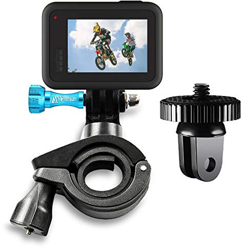 MiPremium Bike Handlebar Camera Mount for GoPro Hero 13 12 10 11 10 9 8 7 6 5 4 Black Silver Session & Other Cameras Diameter 22-32mm, 360 Degree Rotation & 1/4-20 Camera Mount Adopter