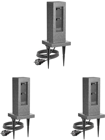 ledscom.de 3 pièces Colonne de Prises de Courant de Jardin Pock avec Piquet de Terre et 2m de câble pour l'extérieur, IP44, 2X, Anthracite (Aspect Pierre), carré, 30cm