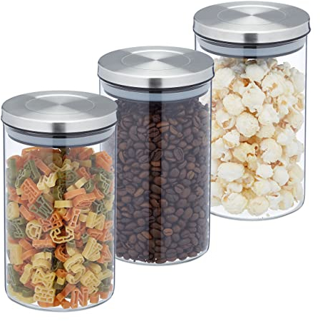 Relaxdays Vorratsglas 3er Set, Volumen 800 ml, Edelstahldeckel, Aufbewahrungsbehälter, Müsli, Nudeln & Reis, transparent