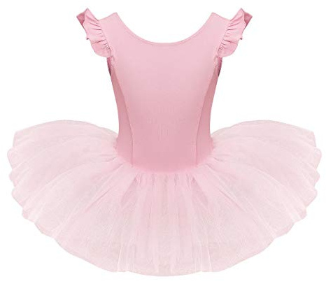 Justaucorps Danse Classique Fille Robe Ballet Tutu Tulle Manches Volantes Plissées Couleur Unie Col Rond Costume Danseuse Ballerina Gymnastique Carnaval Une Pièce pour Bébé Enfant Rose 5-6 Ans