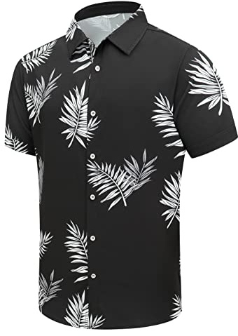SheLucki Hawaiian Shirt for Men, Unisex Summer Beach Casual Short Sleeve Button Down Shirts, Printed Palmshadow Clothing Leaf Black L