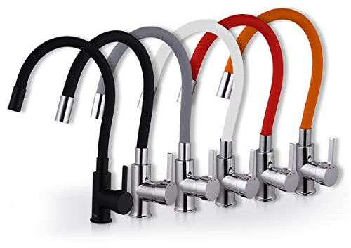 INGUZ | Grifo Cocina Flexible 360º | Manguera de Silicona Flexible | Incluye Aireador Antisalpicaduras Y Accesorios | Grifos Cocina Abatible Giratorio Monomando | Grifo Fregadero Cocina, Negro Pleno