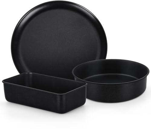 HaWare Nonstick Cake Tin Set of 3, Stainless Steel Baking Set Include 8inch Cake Tin, 2lb Loaf Pan & 12inch Pizza Tray, Great for Roasting Baking Serving,Healthy & Non-Toxic, Easy Clean (Black)
