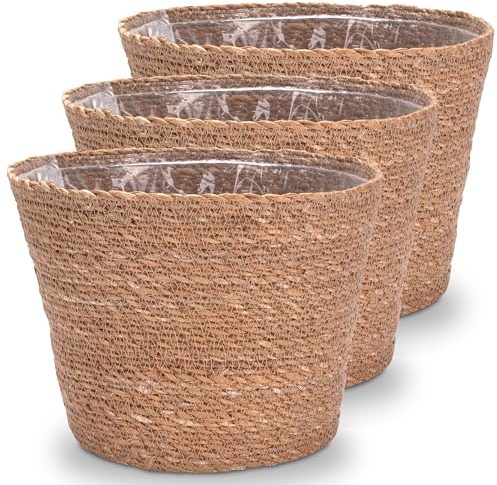 Decorasian Panier à plantes - Pot tressé - Pot de fleurs décoratif en jonc de mer avec insert en film - Style bohème - Lot de 3 - 25 cm