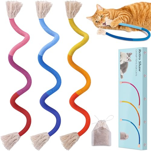 Retro Shaw Cat Toys Chew Ropes with Refillable Natural Catnip for Indoor Cats Safe Teeth Cleaning Interactive Kitten Nip Kitty Kicker Toy for All Breeds 23.6 Inches