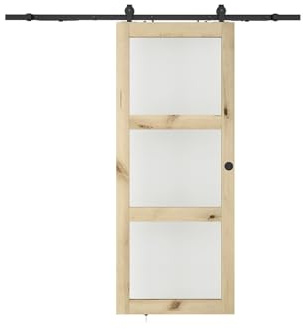 Vente-unique - Porte coulissante avec systéme en applique en bois et verre trempé dépoli - 3 fenêtres - H205 x L63 cm - ACOSTA II