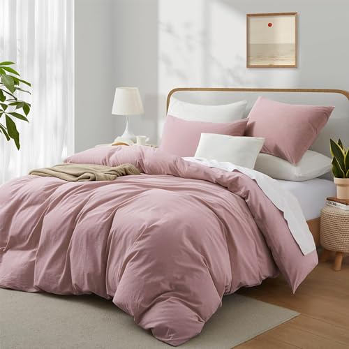 Boqingzhu Biancheria da letto in cotone 155 x 220 cm, rosa, rosa antico, tinta unita, estetica, morbida biancheria da letto in cotone rinforzato, copripiumino da 155 x 220 cm e 2 federe da 80 x 80 cm,