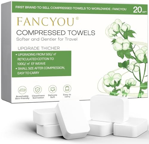FANCYOU Toalla de limpieza comprimida 30x23cm 20 piezas Paquete a granel Expandible Limpieza facial desechable Tabletas de toallas faciales portátiles Toallitas portátiles para el cuidado personal
