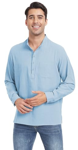 North Bund Hombre Camisa de Lino Henley Manga Larga Azul Lago XL