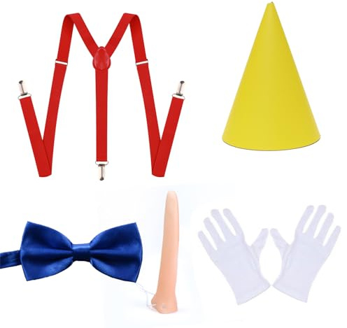 JUFYVO 5pcs Pinocchio Fancy Dress Yellow Hat Nose White Gloves Blue Bowtie Red Suspender Book Character Cosplay Storybook Outfits Fairytale Character Outfit