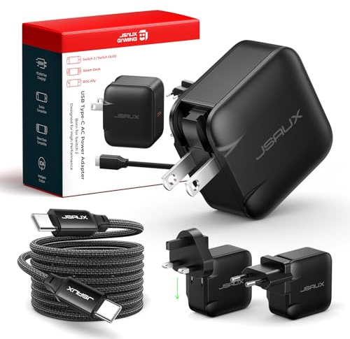 JSAUX Cargador USB C de 65W para Nintendo Switch 2 (alimenta en Modo TV), ROG Ally, Steam Deck, Tablets, Portátiles, Galaxy, Pixel – Cargador Rápido PD con Cable USB C de 2 m y Enchufes EU y UK-Negro