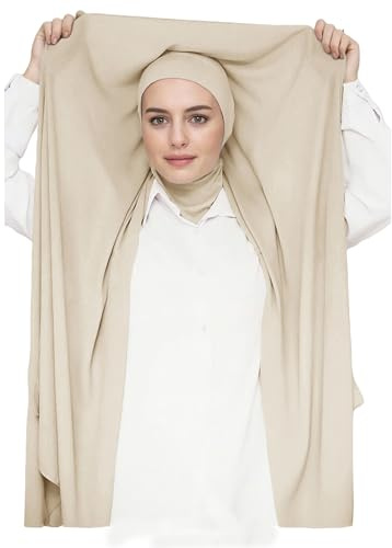 Lina & Lily Hijab Mousseline Femme à Enfiler avec Ninja Bonnet Cagoule Jersey Intégré (Beige)