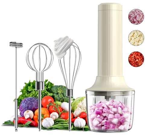 3-in-1 Electric Whisk, Hand Mixer, Small Cordless Hand Blender, Mini Onion Chopper 300ML, Rechargeable Hand Whisk Electric, Food Processor for Baby, Baby Food Maker, Portable 3 Speed Hand Mixer