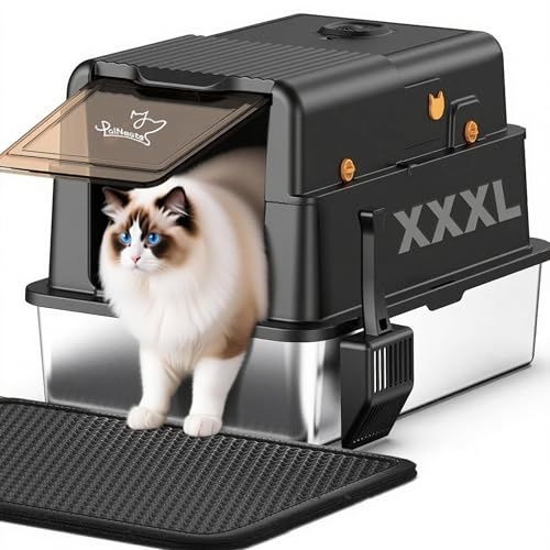Bac à Litière en Acier Inoxydable, PalNests 120L XXL Litter pour Chat avec Couvercle à 105° et Pelle, Litière en Métal Amovible, 3 en 1 Litiere à Bords Hauts avec Désodorisant pour Litière pour Chat