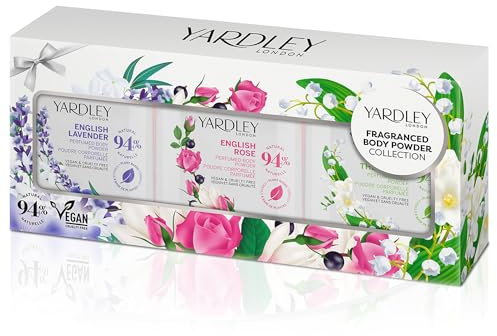 Yardley London Perfumed Powder Trio Collection - Lavanda inglesa, rosa inglesa y lirio de los valles, polvo corporal de regalo para mujeres, acabado suave y sedoso, regalo elegante para el cuidado