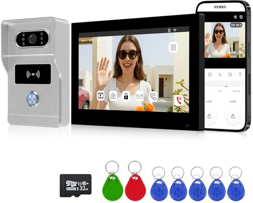 FTes RFKits 2 Fili AHD1080P Videocitofono Intelligente,Tuya WiFi IPS 7‘’ Videocitofono Porta, Sblocco RFID,Impermeabile IP65, Visione Notturna