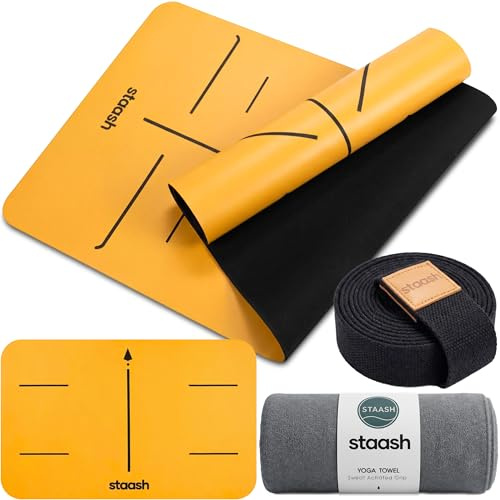 STAASH Juego de esterilla de yoga de alta calidad, antideslizante, de poliuretano y caucho natural (4,5 mm), incluye toalla de yoga, correa y almohadilla para las rodillas, extra ancha y larga
