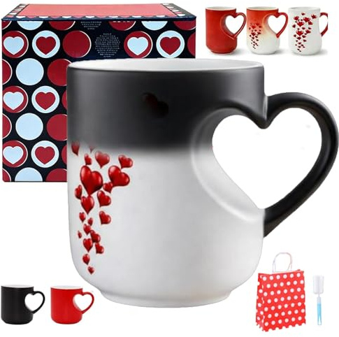 Generisch Zauberhafte, farbwechselnde Keramiktasse in Herzform, einzigartige Kaffeetasse mit Herzgriff und roten Herzmotiven – Geschenk zum Valentinstag, zu Hochzeiten und Jubiläen (Schwarz)