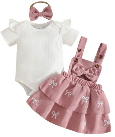 JENJON Baby flicka sommar höstkjolar set klänning spädbarn kortärmad ribbad topp med rosett/pläd snöre hängslen kjol set 3 delar kläder