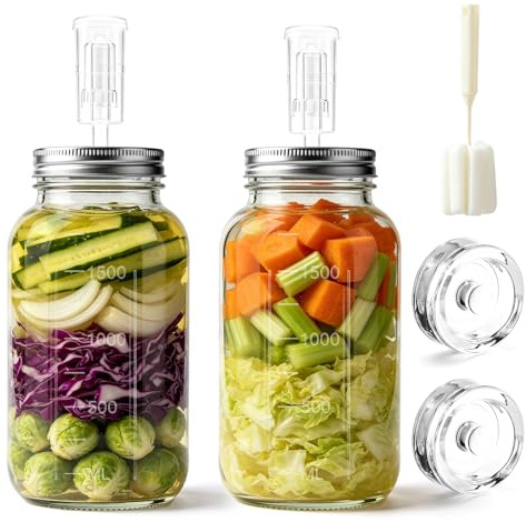 PIuertoRick Fermenting Jar 2 Pack with Airlock - 2L for Safe Fermentation for Kefir,Kimchi, Sauerkraut, Sourdough Starter - Silicone Lids & Fermentation Weights - Fermentation Jars 2 Pack (Full Set)