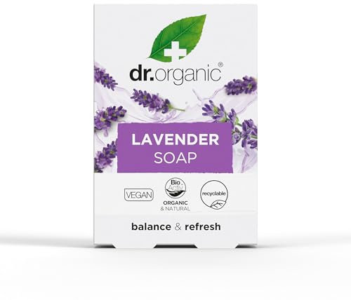 Dr Organic Lavender Soap Bar, Cleansing , Mens, Womens, Natural, Vegan, Cruelty-Free, Paraben & SLS-Free, Plastic Free, Organic, 100g, Packaging may vary