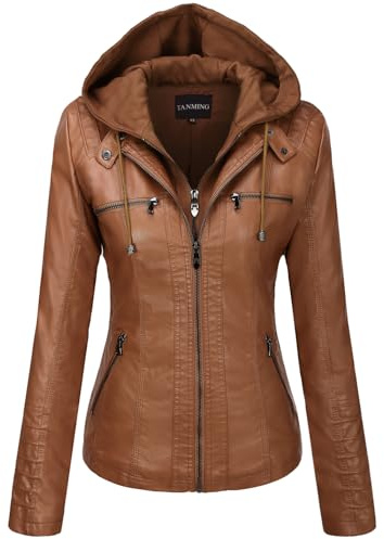 Tanming Womens Faux Leather Jacket Hooded Moto Biker Coat Outerwear Fall Fashion Outfits Winter Clothes