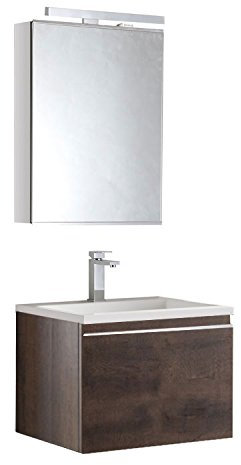 StoneArt Badmöbel-Set mit Mineralguss Waschbecken und Unterschrank und LED Spiegelschrank Waschtisch als Einzel- oder Doppelwaschbecken Milano ME-0600-1 Eiche dunkel 60cm